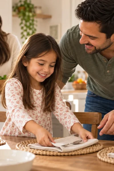 Una niña coloca servilletas en la mesa mientras sus padres la acompañan.
