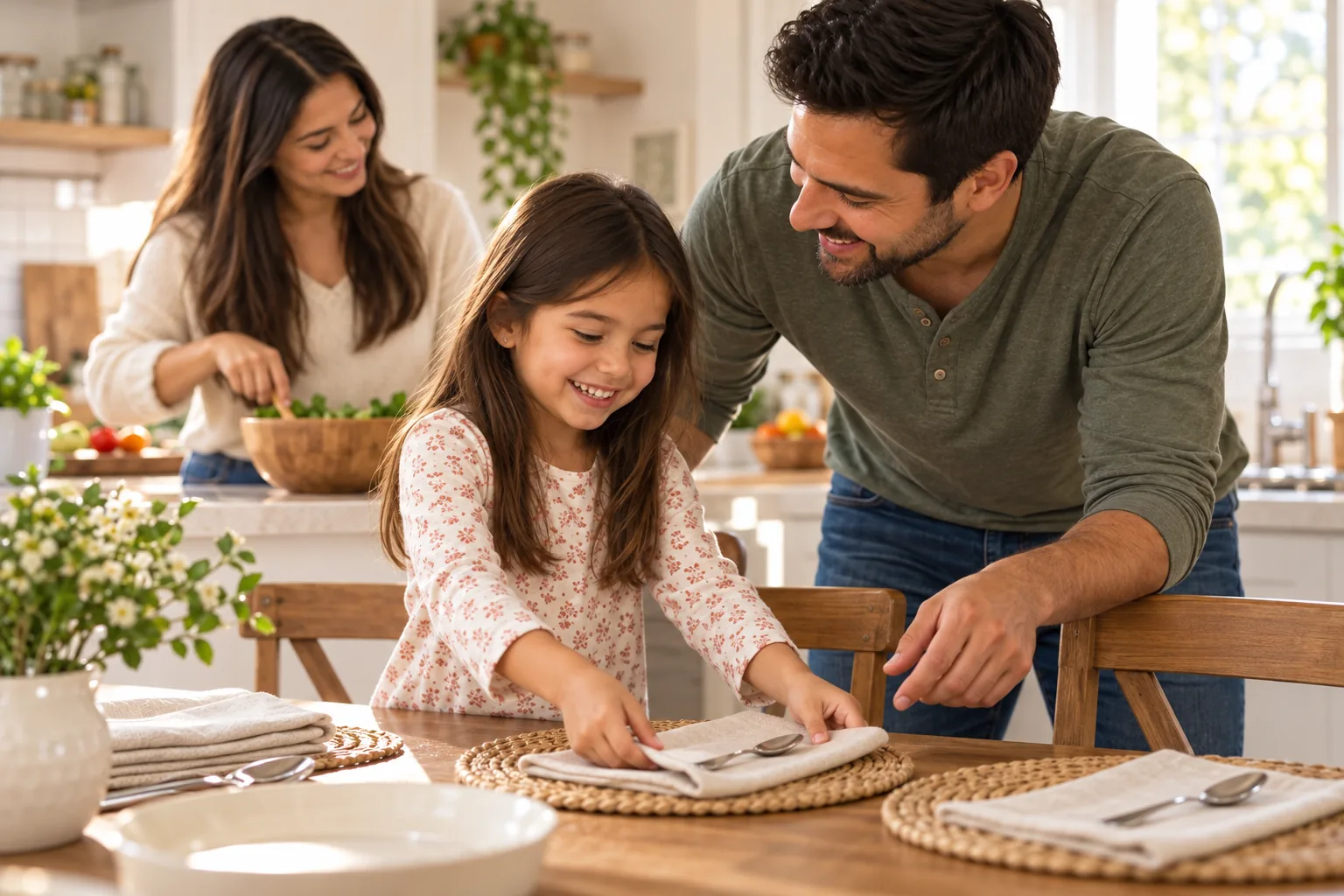 Una niña coloca servilletas en la mesa mientras sus padres la acompañan.