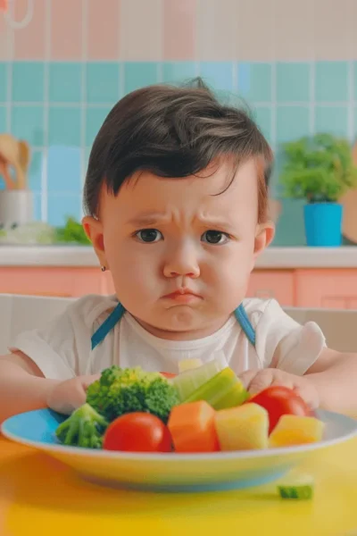 Niño pequeño observa su plato con expresión de desagrado.