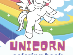 Portada de Unicorn Coloring Book con un unicornio alado sobre un arcoíris.