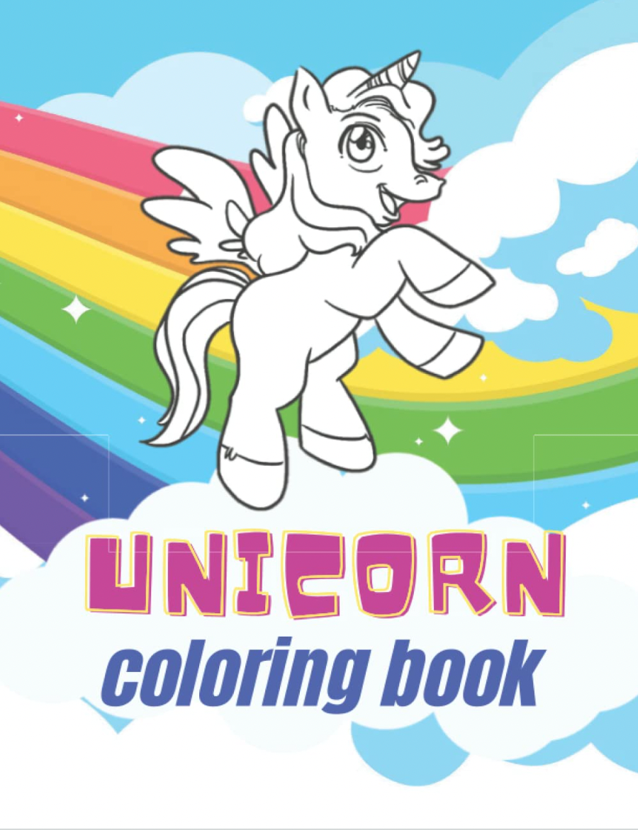 Portada de Unicorn Coloring Book con un unicornio alado sobre un arcoíris.